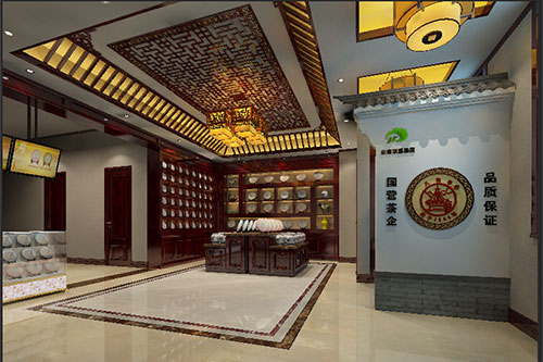 白银古朴典雅的中式茶叶店大堂设计效果图