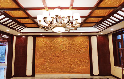 白银中式别墅客厅中式木作横梁吊顶装饰展示